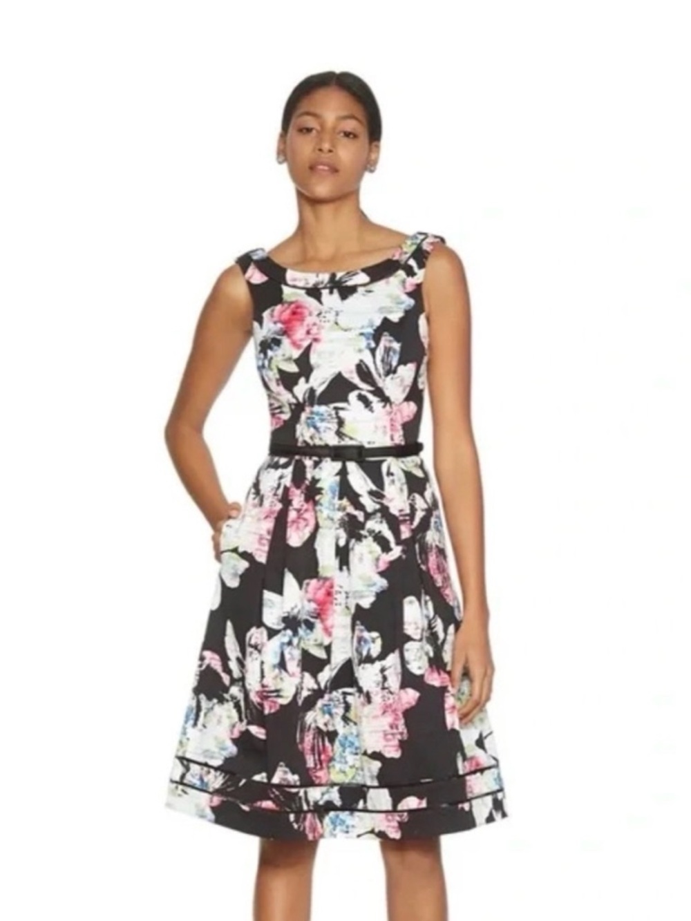 Like New White House Black Market Fit & Flare Dress Size 10 Black Pink Floral
